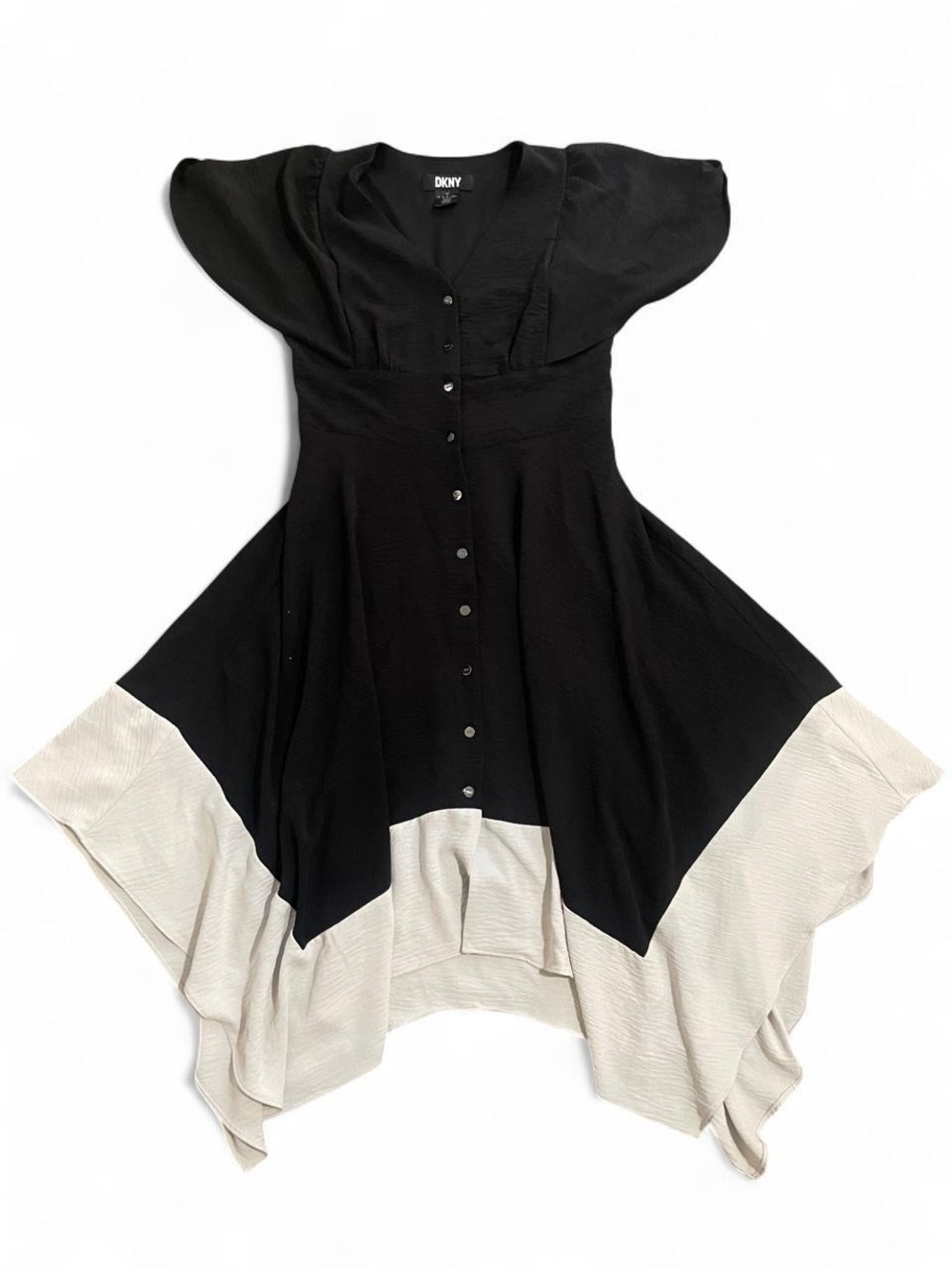 DKNY Black and Cream Asymmetrical Handkerchief-Hem Dress